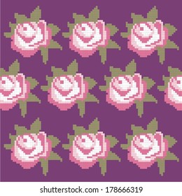 Seamless pattern for knitting and embroidery (pattern rose). Pixel art.