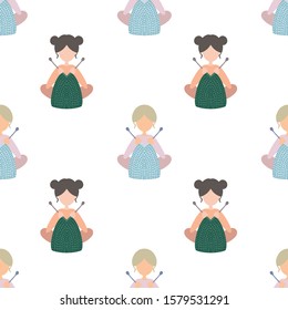 Seamless pattern with knitting girl and yarn ball. Love knit. Chrocheting, tailor women. Wool and needles.  Vector version.