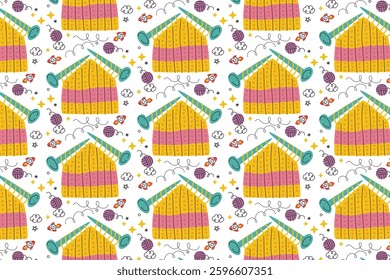 Seamless pattern of knitting house with yarn balls, needles, and decorative elements. Cute, colorful, and perfect for craft-themed designs.