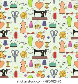 Seamless pattern of knitting, sewing and needlework colorful icons on the light background. 