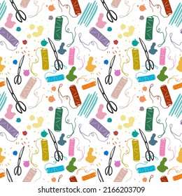 Seamless pattern for knitting and sewing. threads and scissors. the theme of handmade