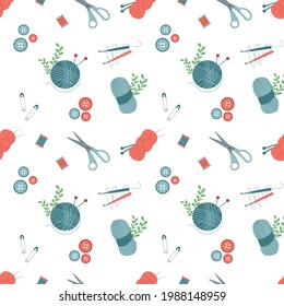 Seamless pattern with knitting and sewing tools. The vector made in a flat design. Beautiful background for web pages or wrapping paper, wall art, wallpaper.