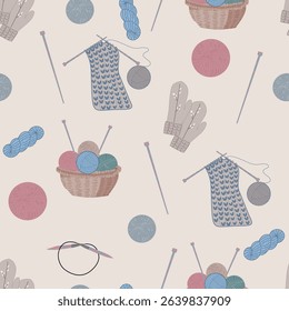 Seamless pattern Knitting threads. Knit sewing, wool yarn balls. Vector background