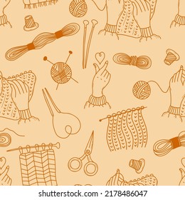 Seamless pattern. Knitting, threads and scissors, heart hand gesture and knitting hands with knitting needles on light yellow background. Vector illustration. Linear hand drawings in doodle style.