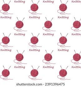 Seamless pattern knitting yarn red balls with needles. Cozy crafting hobby. Knitting.Flat cartoon illustration.