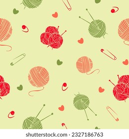 Seamless pattern of knitting yarns and needles on light background. For textile, wrapping paper, background.
