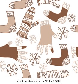 Seamless pattern  of knitwear  motifs, doodles, objects, snowflakes, mittens, socks. Hand drawn.