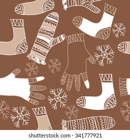 Seamless  pattern  of knitwear  motifs, doodles, objects, snowflakes, mittens, socks. Hand drawn.