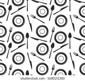 seamless pattern with knives, forks, spoons and plates