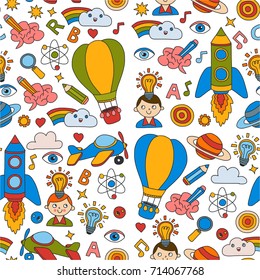 Seamless pattern Knowledge Imagination Fantasy Kids drawing style Creative education concept Kindergarten School Pre-school Nurcery