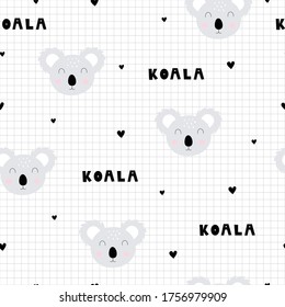 Nahtloses Muster Koala Tiercartoon Hintergrund und hat ein quadratisches Raster als Tapete. Verwendung für die Veröffentlichung, Gewebe, Textilien, Vektorgrafik.