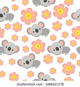 Nahtloses Muster mit Koala-Babys und rosafarbenen Blumen. Weißer Hintergrund. Blumenschmuck. с Artoon Stil. Frisch und lustig. Für Kinder Postkarten, Textilien, Tapeten und Verpackungspapier. Frühling und Sommer