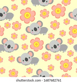 Seamless pattern with koala babies and pink flowers. Yellow background. Floral ornament. Flat сartoon style. Cute and funny. For kids postcards, textile, wallpaper, wrapping paper. Spring and summer