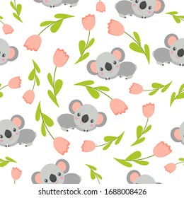 Seamless pattern with koala babies and pink tulips. White background. Floral ornament. Flat сartoon style. Cute and funny. For kids postcards, textile, wallpaper and wrapping paper. Spring and summer