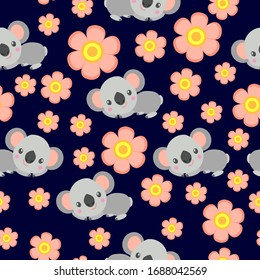 Seamless pattern with koala babies and pink flowers. Blue background. Floral ornament. Flat сartoon style. Cute and funny. For kids postcards, textile, wallpaper and wrapping paper. Spring and summer