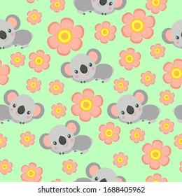 Seamless pattern with koala babies and pink flowers. Green background. Floral ornament. Flat сartoon style. Cute and funny. For kids postcards, textile, wallpaper and wrapping paper. Spring and summer