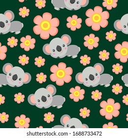 Seamless pattern with koala babies and pink flowers. Green background. Floral ornament. Flat сartoon style. Cute and funny. For kids postcards, textile, wallpaper and wrapping paper. Spring and summer