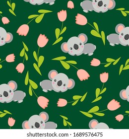 Patrón sin problemas con bebés koala y tulipanes rosas.Fondo verde. Ornamento floral. Estilo de с plana. Cítrico y divertido. Para los niños postales, textil, papel pintado y papel de envoltura. Primavera y verano