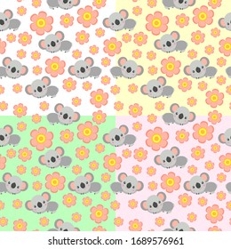 Seamless pattern with koala babies and pink flowers. Various colors. Floral ornament. Flat сartoon style. Cute and funny. For kids postcards, textile, wallpaper and wrapping paper. Spring and summer