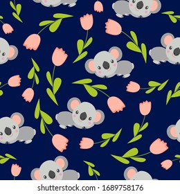 Seamless pattern with koala babies and pink tulips. Blue background. Floral ornament. Flat сartoon style. Cute and funny. For kids postcards, textile, wallpaper and wrapping paper. Spring and summer