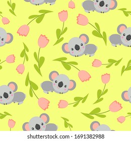 Patrón sin problemas con bebés koala y tulipanes rosas. Fondo amarillo. Ornamento floral. Estilo de с plana. Cítrico y divertido. Para los niños postales, textil, papel pintado y papel de envoltura. Primavera y verano