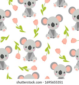 Nahtloses Muster mit Koala-Babys und rosafarbenen Blumen. Weißer Hintergrund. Blumenschmuck. Flacher Cartoon-Stil. Frisch und lustig. Für Kinder Postkarten, Textilien, Tapeten und Verpackungspapier. Frühling und Sommer