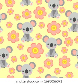 Seamless pattern with koala babies and pink flowers. Yellow background. Floral ornament. Flat cartoon style. Cute and funny. For kids textile, wallpaper and wrapping paper. Spring and summer