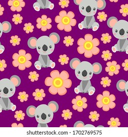 Seamless pattern with koala babies and pink flowers. Purple background. Floral ornament. Flat cartoon style. Cute and funny. For kids textile, wallpaper and wrapping paper. Spring and summer
