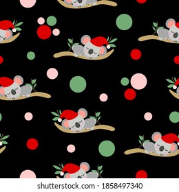 Seamless pattern with koala babies in red Christmas hats sleeping on eucalyptus branches. Black background. Pink, red and green round confetti. Post cards, textile, wallpaper and wrapping paper