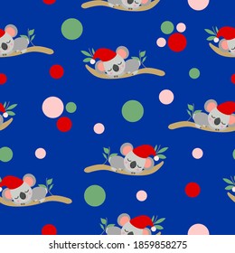 Seamless pattern with koala babies in red Christmas hats sleeping on eucalyptus branches. Blue background. Pink, red and green round confetti. Post cards, textile, wallpaper and wrapping paper