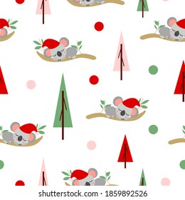 Seamless pattern with koala babies in red Christmas hats sleeping on eucalyptus. Fir trees. White background. Pink, red and green round confetti. Post cards, textile, wallpaper and wrapping paper