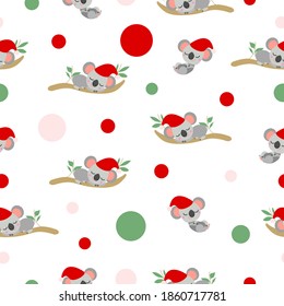 Seamless pattern with koala babies in red Christmas hats sleeping on eucalyptus branches. White background. Pink, red and green confetti. Post cards, textile, wallpaper and wrapping paper