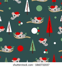 Patrón sin foco con bebés koala en sombreros rojos de Navidad durmiendo en eucalipto. Árboles de aves. Fondo verde de agua de marea. Confeti blanco, rojo y verde. Papel de postales, textiles, papel pintado y envoltorio