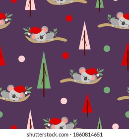Seamless pattern with koala babies in red Christmas hats sleeping on eucalyptus. Fir trees. Purple background. Pink, red and green round confetti. Post cards, textile, wallpaper and wrapping paper