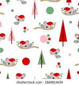 Seamless pattern with koala babies in red Christmas hats sleeping on eucalyptus. Fir trees. White background. Pink, red and green round confetti. Post cards, textile, wallpaper and wrapping paper
