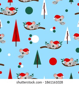 Seamless pattern with koala babies in red Christmas hats sleeping on eucalyptus. Fir trees. Pastel blue background. White, red and green round confetti. Post cards, textile, wallpaper, wrapping paper