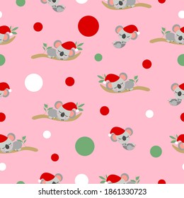 Seamless pattern with koala babies in red Christmas hats sleeping on eucalyptus branches. Pink background. White, red and green confetti. Post cards, textile, wallpaper and wrapping paper