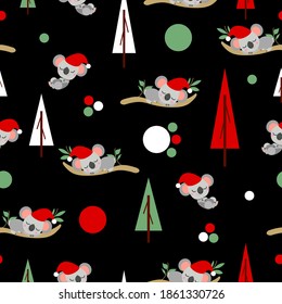 Seamless pattern with koala babies in red Christmas hats sleeping on eucalyptus. Fir trees. Black background. White, red and green confetti. Post cards, textile, wallpaper and wrapping paper