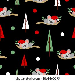 Seamless pattern with koala babies in red Christmas hats sleeping on eucalyptus. Fir trees. Black background. White, red and green round confetti. Post cards, textile, wallpaper and wrapping paper