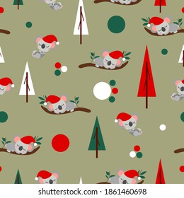 Seamless pattern with koala babies in red Christmas hats sleeping on eucalyptus. Fir trees. Green gray background. White, red and green round confetti. Post cards, textile, wallpaper, wrapping paper