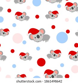 Seamless pattern with koala babies in red Christmas hats lying and smiling. White background. Pink, red and light blue confetti. Post cards, scrapbooking, textile, wallpaper and wrapping paper