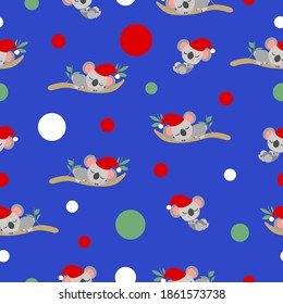 Seamless pattern with koala babies in red Christmas hats sleeping on eucalyptus branches. Blue background. White, red and green confetti. Post cards, textile, wallpaper and wrapping paper