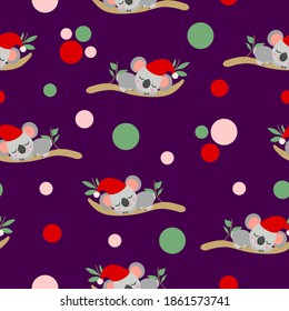 Seamless pattern with koala babies in red Christmas hats sleeping on eucalyptus branches. Purple background. Pink, red and green round confetti. Post cards, textile, wallpaper and wrapping paper