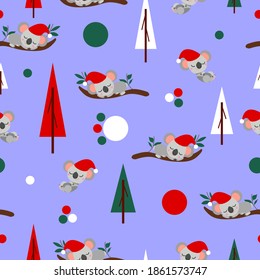 Seamless pattern with koala babies in red Christmas hats sleeping on eucalyptus. Fir trees. Violet background. White, red and green round confetti. Post cards, textile, wallpaper and wrapping paper