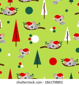 Seamless pattern with koala babies in red Christmas hats sleeping on eucalyptus. Fir trees. May green background. White, red and green round confetti. Post cards, textile, wallpaper and wrapping paper
