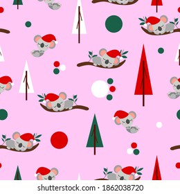 Seamless pattern with koala babies in red Christmas hats sleeping on eucalyptus. Fir trees. Pink background. White, red and green round confetti. Post cards, textile, wallpaper and wrapping paper