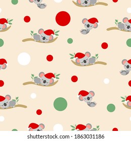 Seamless pattern with koala babies in red Christmas hats sleeping on eucalyptus branches. Set Sail Champagne background. White, red and green confetti. Post cards, textile, wallpaper, wrapping paper