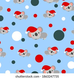 Seamless pattern with koala babies in red Christmas hats lying and smiling. Light blue background. White, red and green confetti. Post cards, scrapbooking, textile, wallpaper and wrapping paper