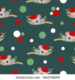 Seamless pattern with koala babies in red Christmas hats sleeping on eucalyptus branches. Tidewater green background. White, red and green confetti. Post cards, textile, wallpaper and wrapping paper