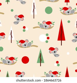 Seamless pattern with koala babies in red Christmas hats sleeping on eucalyptus. Fir trees. Set Sail Champagne background. White, red and green confetti. Post cards, textile, wallpaper, wrapping paper